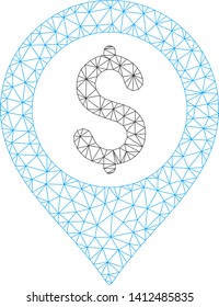 Mesh bank map marker model icon. Wire carcass polygonal mesh of vector bank map marker isolated on a white background. Abstract 2d mesh designed with polygonal grid and spheric points.