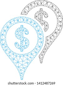 Mesh bank map markers model icon. Wire carcass triangular network of vector bank map markers isolated on a white background. Abstract 2d mesh designed with triangular lines and small circle.