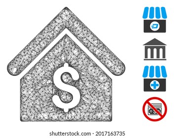 Mesh bank office web 2d vector illustration. Model is based on bank office flat icon. Mesh forms abstract bank office flat model. Wire frame flat line network isolated on a white background.