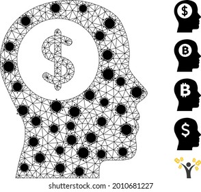 Mesh bank thinking polygonal icon vector illustration, with black virus elements. Carcass model is created from bank thinking flat icon, with coronavirus elements and triangular mesh.