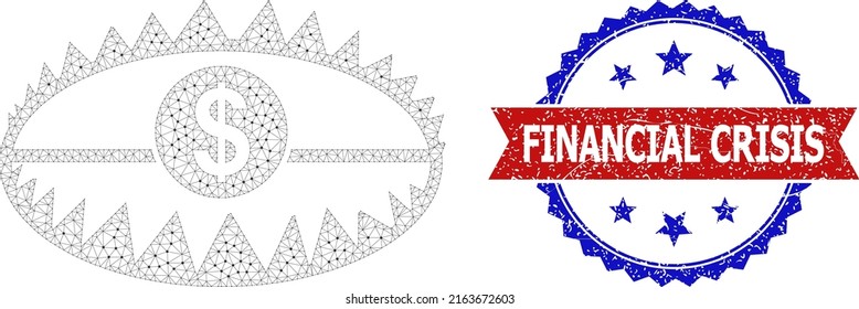Mesh bank trap frame icon, and bicolor dirty Financial Crisis watermark. Mesh carcass image is designed with bank trap icon. Vector seal with Financial Crisis text inside red ribbon and blue rosette,