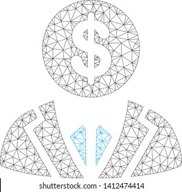 Mesh banker model icon. Wire frame polygonal mesh of vector banker isolated on a white background. Abstract 2d mesh designed with polygonal grid and small circle.