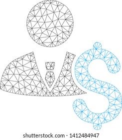 Mesh banker model icon. Wire frame triangular mesh of vector banker isolated on a white background. Abstract 2d mesh built from triangular lines and dots.