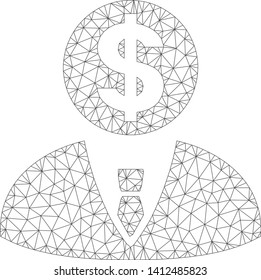 Mesh banker model icon. Wire frame triangular mesh of vector banker isolated on a white background. Abstract 2d mesh built from triangular lines and spheric points.