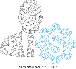 Mesh banker options gear model icon. Wire frame triangular mesh of vector banker options gear isolated on a white background. Abstract 2d mesh built from polygonal grid and circle nodes.