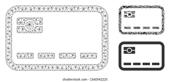 Mesh banking card model with triangle mosaic icon. Wire frame triangular mesh of banking card. Vector mosaic of triangles in various sizes, and color tints.  