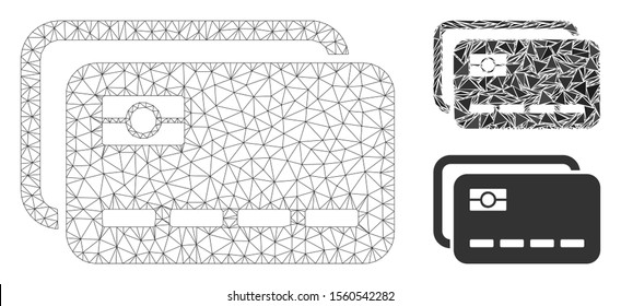 Mesh banking cards model with triangle mosaic icon. Wire frame polygonal mesh of banking cards. Vector mosaic of triangles in various sizes, and color tinges.  