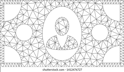 Mesh banknote model icon. Wire frame triangular mesh of vector banknote isolated on a white background. Abstract 2d mesh created from triangular lines and circle nodes.