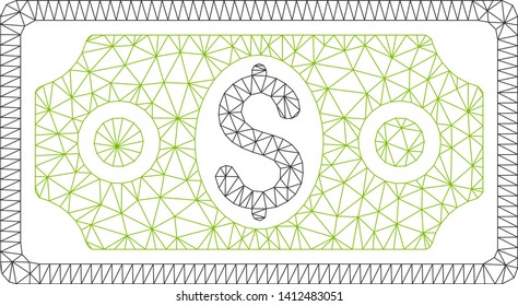Mesh banknote model icon. Wire frame triangular mesh of vector banknote isolated on a white background. Abstract 2d mesh created from triangular lines and dots.