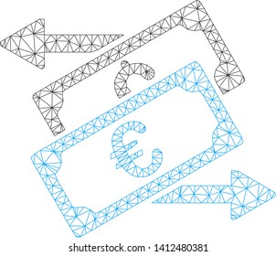 Mesh banknotes exchange model icon. Wire carcass triangular network of vector banknotes exchange isolated on a white background. Abstract 2d mesh built from triangular lines and dots.