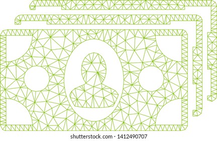 Mesh banknotes model icon. Wire frame triangular mesh of vector banknotes isolated on a white background. Abstract 2d mesh designed with triangular lines and dots.