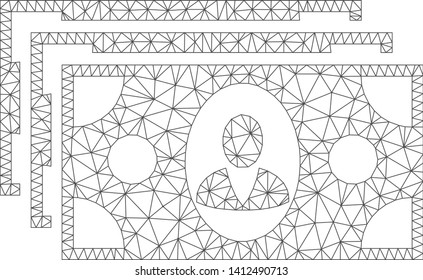 Mesh banknotes model icon. Wire frame triangular mesh of vector banknotes isolated on a white background. Abstract 2d mesh created from triangular lines and circle nodes.