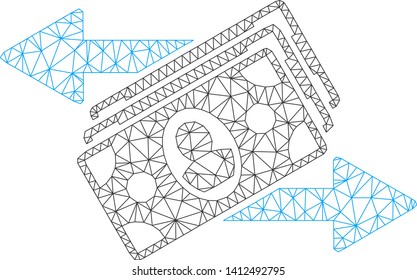 Mesh banknotes payments model icon. Wire carcass triangular mesh of vector banknotes payments isolated on a white background. Abstract 2d mesh built from triangular lines and small circle.