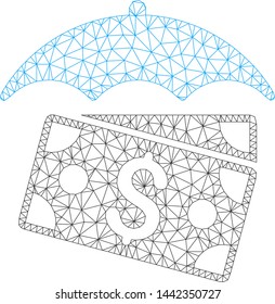 Mesh banknotes umbrella model icon. Wire frame polygonal mesh of vector banknotes umbrella isolated on a white background. Abstract 2d mesh designed with polygonal grid and small circle.