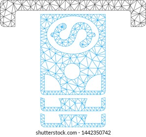 Mesh banknotes withdraw model icon. Wire frame triangular mesh of vector banknotes withdraw isolated on a white background. Abstract 2d mesh designed with triangular lines and small circle.