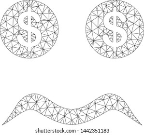 Mesh bankrupt smiley model icon. Wire carcass triangular mesh of vector bankrupt smiley isolated on a white background. Abstract 2d mesh designed with triangular lines and circle nodes.