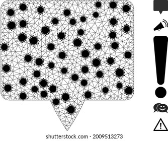 Mesh banner polygonal 2d vector illustration, with black infection nodes. Carcass model is created from banner flat icon, with coronavirus centers and triangular mesh.
