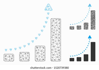 Mesh bar chart positive trend model with triangle mosaic icon. Wire carcass triangular mesh of bar chart positive trend. Vector mosaic of triangle parts in variable sizes, and color hues.