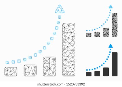 Mesh bar chart trend model with triangle mosaic icon. Wire carcass triangular mesh of bar chart trend. Vector collage of triangle parts in variable sizes, and color tints.