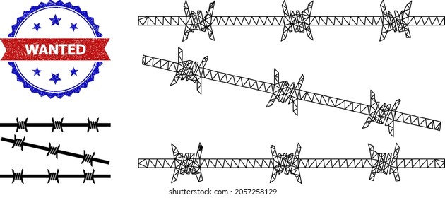 Mesh barbed wire fence carcass icon, and bicolor grunge Wanted seal. Mesh carcass symbol is designed with barbed wire fence pictogram.