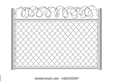 Mesh with barbed wire. Secured territory, protected area or prison fencing. 3d realistic vector illustration isolated on white background.