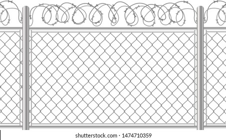 Mesh with barbed wire. Secured territory, protected area or prison fencing. 3d realistic vector illustration isolated on white background.