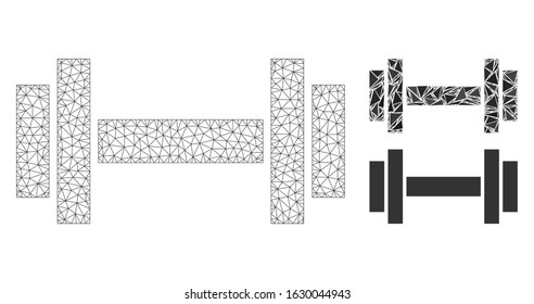 Mesh barbell model with triangle mosaic icon. Wire carcass polygonal mesh of barbell. Vector composition of triangles in variable sizes, and color tinges. Abstract 2d mesh barbell,