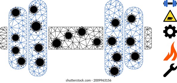 Mesh barbell polygonal icon vector illustration, with black coronavirus nodes. Carcass model is created from barbell flat icon, with coronavirus nodes and triangular mesh.