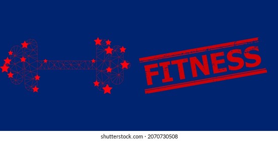 Mesh barbell polygonal icon vector illustration, and red FITNESS scratched seal. Carcass model is based on barbell flat icon, with stars and triangle mesh. FITNESS text is between parallel lines.