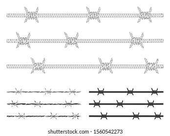 Mesh barbwire fence model with triangle mosaic icon. Wire frame triangular mesh of barbwire fence. Vector collage of triangle parts in various sizes, and color hues. 