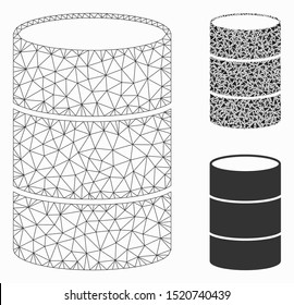 Mesh barrel model with triangle mosaic icon. Wire frame polygonal mesh of barrel. Vector mosaic of triangles in variable sizes, and color hues. Abstract flat mesh barrel, designed with triangles.