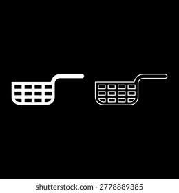 Mesh basket for deep fryer with handle and french frie kitchen appliance for fast food concept roast product in hot oil Air fryer set icon white color vector illustration image simple solid fill