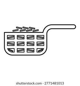 Mesh basket with potato for deep fryer with handle and french frie kitchen appliance for fast food concept roast product in hot oil Air fryer contour outline line icon black color vector illustration