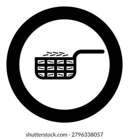 Mesh basket with potato for deep fryer with handle and french frie kitchen appliance for fast food concept roast product in hot oil Air fryer icon in circle round black color vector illustration