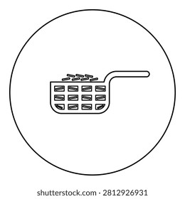 Mesh basket with potato for deep fryer with handle and french frie kitchen appliance for fast food concept roast product in hot oil Air fryer icon in circle round black color vector illustration