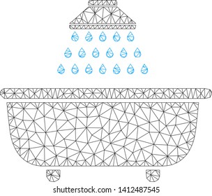 Mesh bath shower model icon. Wire frame triangular mesh of vector bath shower isolated on a white background. Abstract 2d mesh created from triangular lines and small circle.