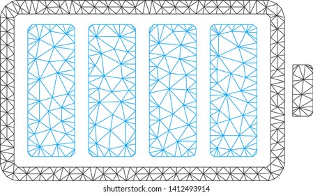 Mesh battery model icon. Wire frame triangular mesh of vector battery isolated on a white background. Abstract 2d mesh designed with triangular lines and small circle.