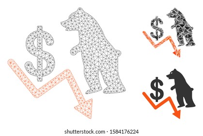Mesh bear dollar trend model with triangle mosaic icon. Wire frame triangular mesh of bear dollar trend. Vector mosaic of triangle parts in different sizes, and color hues.