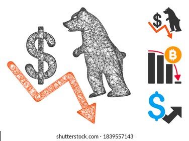 Mesh bear dollar trend polygonal web icon vector illustration. Carcass model is based on bear dollar trend flat icon. Triangle network forms abstract bear dollar trend flat carcass.