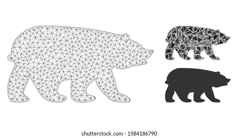 Mesh bear model with triangle mosaic icon. Wire frame triangular mesh of bear. Vector mosaic of triangles in variable sizes, and color hues. Abstract 2d mesh bear, designed with triangles.