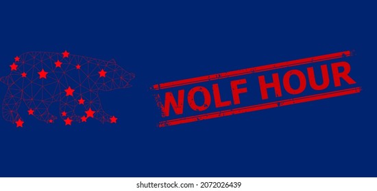 Mesh bear polygonal icon vector illustration, and red WOLF HOUR rubber stamp. Model is created from bear flat icon, with stars and polygonal mesh. WOLF HOUR tag is between parallel lines.