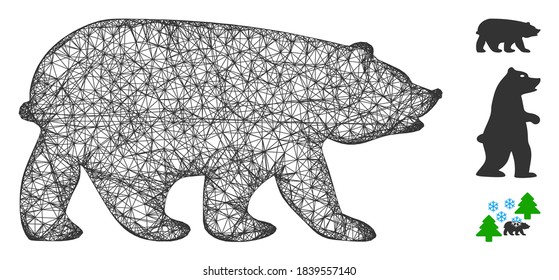 Mesh bear polygonal web icon vector illustration. Carcass model is based on bear flat icon. Triangle network forms abstract bear flat model.