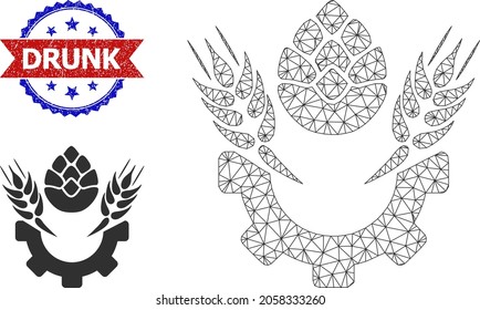 Mesh beer industry wireframe icon, and bicolor unclean Drunk seal. Polygonal wireframe image is based on beer industry icon. Vector seal with Drunk text inside red ribbon and blue rosette,