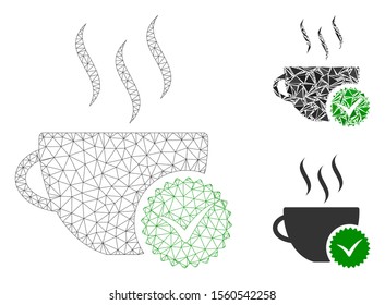 Mesh best coffee model with triangle mosaic icon. Wire frame triangular mesh of best coffee. Vector mosaic of triangle parts in different sizes, and color tinges.  