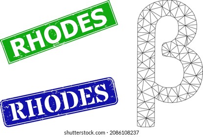 Mesh Beta Greek lowercase symbol model, and Rhodes blue and green rectangular corroded stamps. Mesh carcass symbol created from Beta Greek lowercase symbol pictogram.