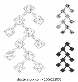 Mesh binary tree model with triangle mosaic icon. Wire carcass polygonal mesh of binary tree. Vector mosaic of triangle elements in various sizes, and color shades. Abstract flat mesh binary tree,