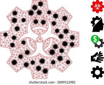 Mesh biohazard industry polygonal 2d vector illustration, with black Covid elements. Carcass model is created from biohazard industry flat icon, with covid elements and triangular mesh.