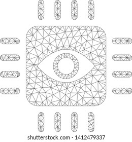 Mesh bionic eye processor model icon. Wire frame triangular mesh of vector bionic eye processor isolated on a white background. Abstract 2d mesh built from triangular lines and spheric points.
