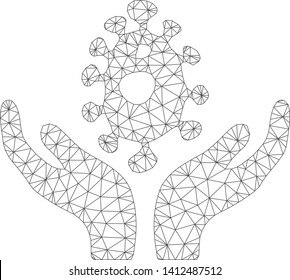 Mesh biotechnology care hands model icon. Wire carcass triangular mesh of vector biotechnology care hands isolated on a white background. Abstract 2d mesh built from triangular lines and circle nodes.