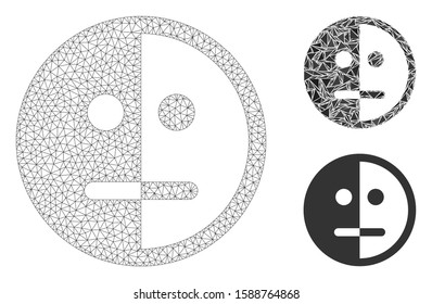 Mesh bipolarity face model with triangle mosaic icon. Wire carcass polygonal mesh of bipolarity face. Vector mosaic of triangle parts in various sizes, and color tones.